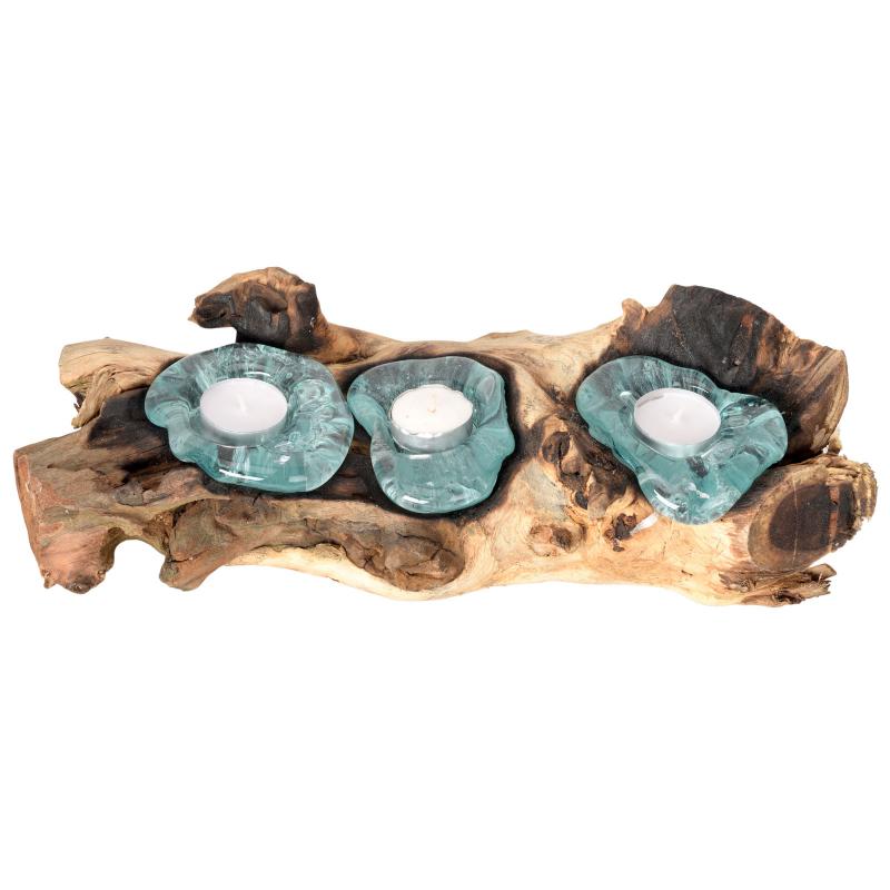 TRIPLE MOLTEN GLASS TEA LIGHT CANDLE HOLDER WITH NATURAL WOOD