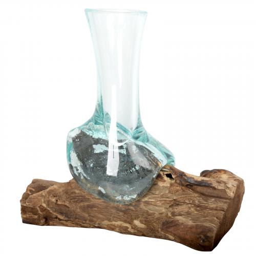 SMALL MOLTEN GLASS VASE WITH NATURAL WOOD