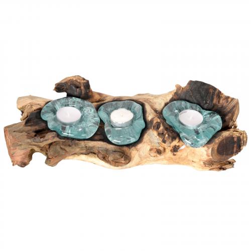 TRIPLE MOLTEN GLASS TEA LIGHT CANDLE HOLDER WITH NATURAL WOOD